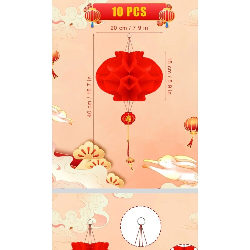 10 Pack Chinese Red Paper Lanterns Hanging Red Paper Chinese New Year Festive - Picture 5 of 7